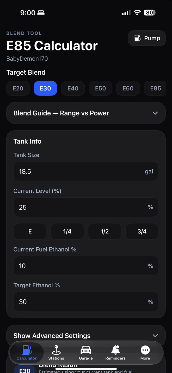 Blend calculator example in 85Blends