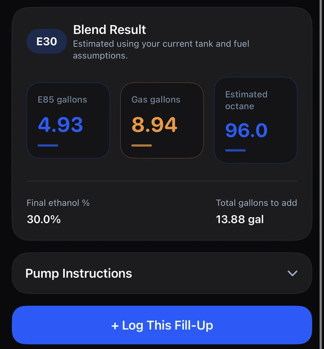 85Blends blend result with high-ethanol and gasoline additions and a pump instructions entry point