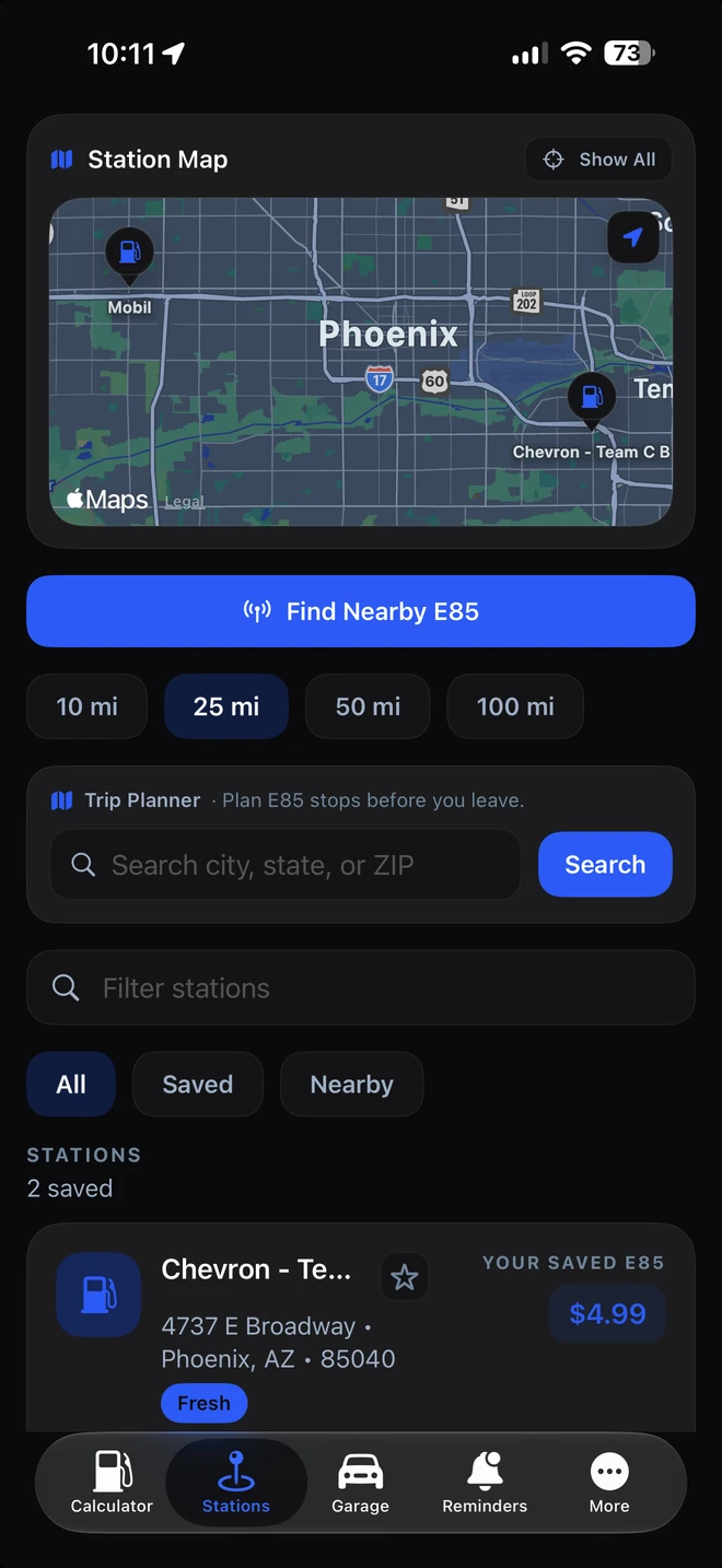 85Blends station finder example with map and nearby stations